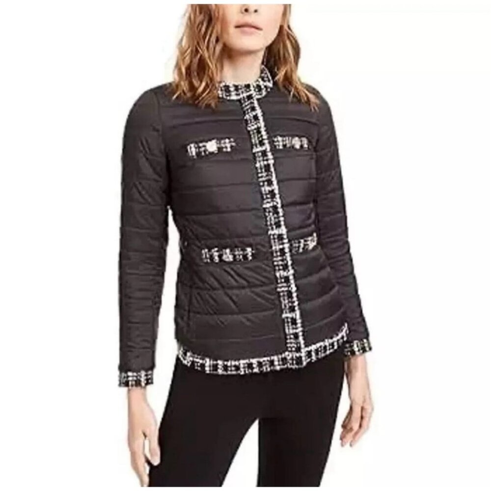 Anne Klein Quilted Puffer Jacket with Tweed Trim – Black (Size M) - Picture 3 of 8
